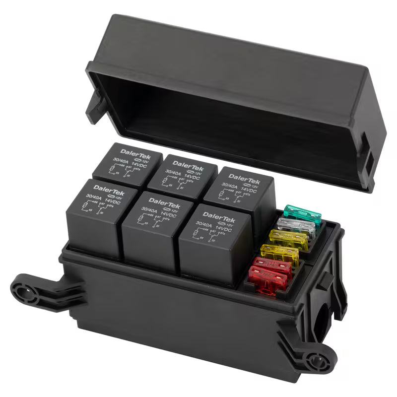 6-Way 12V Fuse Box – with 6x 40A Relays, 16 Blade Fuses & Relay/Fuse Terminals