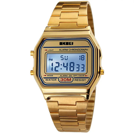 Men's Digital Outdoor Sport Watch – Gold Stainless Steel, Backlit Display, Multifunction, Stopwatch, Waterproof