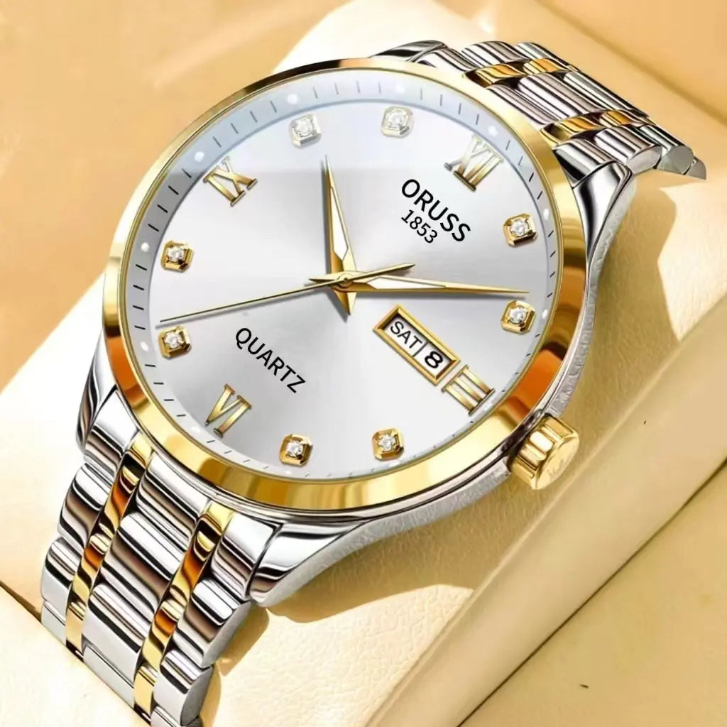 ORUSS Men's and Women's Stainless Steel Dual Calendar Watch - Water Resistant, Luminous, Luxury Fashion Analog Quartz Wristwatch