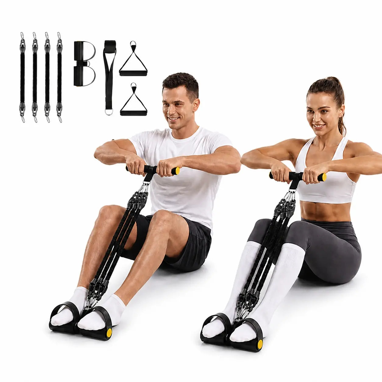 4-Tube Foot Pedal Resistance Bands with Handles - Adjustable Full-Body Workout Kit with Ankle Straps