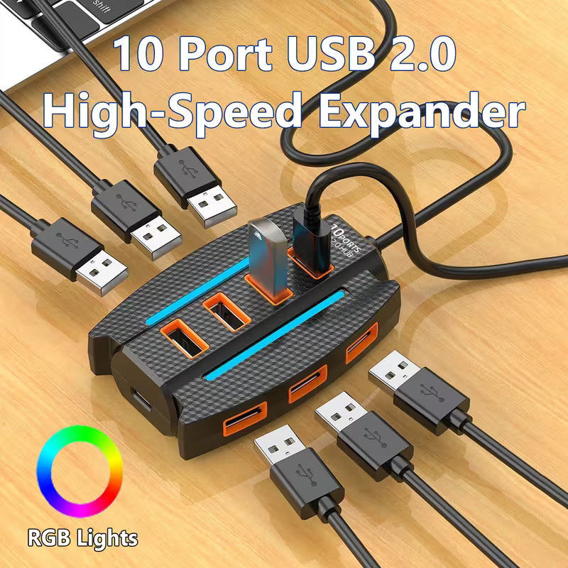 10-Port USB 2.0 Hub with RGB Lights - High-Speed Multi-Device Splitter, Plug and Play, 36V Max for Computer Accessories