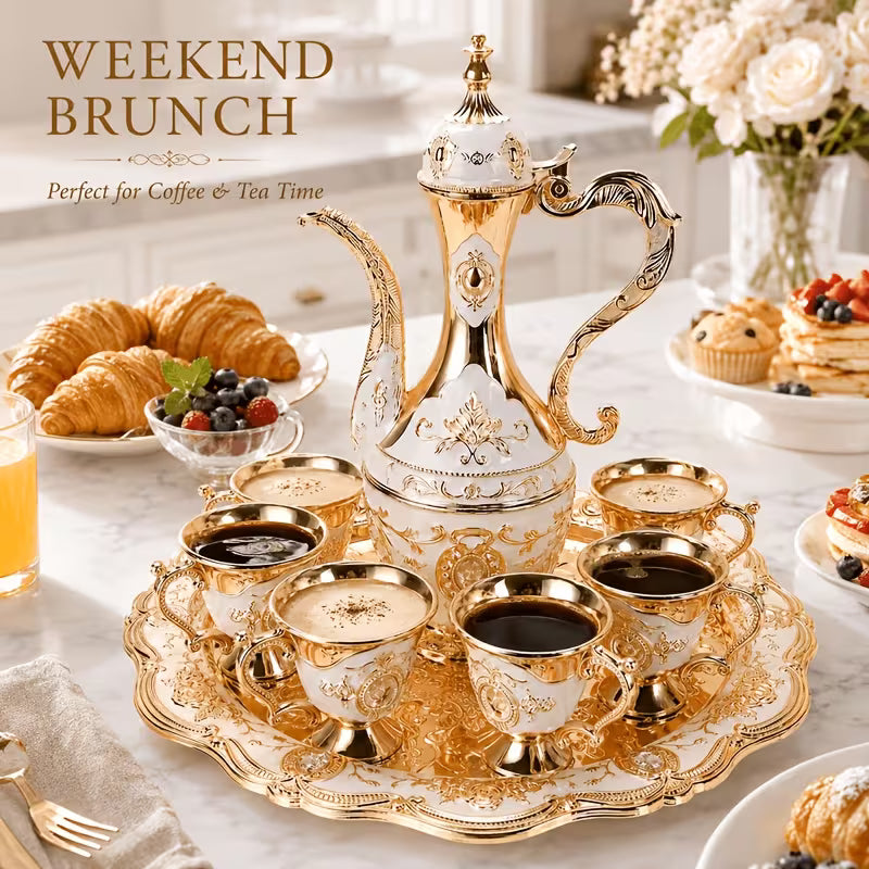 Zinc Alloy Golden Coffee and Tea Set - European Style with 6 Luxurious Cups, Teapot and Tray, Elegant Gift for Tea, Coffee and Cappuccino