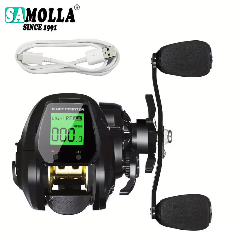 SAMOLLA Digital Display Fishing Reel – Real-Time Line Length, Fish Alarm, 7.2:1, 10kg Brake, USB Charging