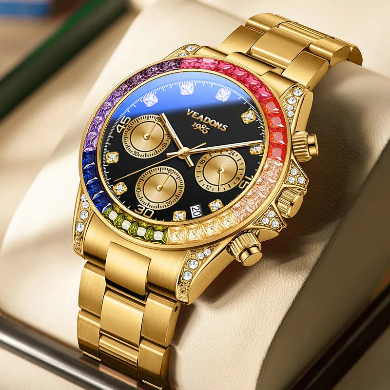 Men's Fashion Rhinestone Quartz Watch – Rainbow Dial, Chronograph, Luminous Date, Water Resistant – Box Not Included, Ideal for Party, Business & Daily Wear
