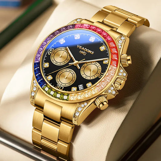 Men's Fashion Rhinestone Quartz Watch – Rainbow Dial, Chronograph, Luminous Date, Water Resistant – Box Not Included, Ideal for Party, Business & Daily Wear
