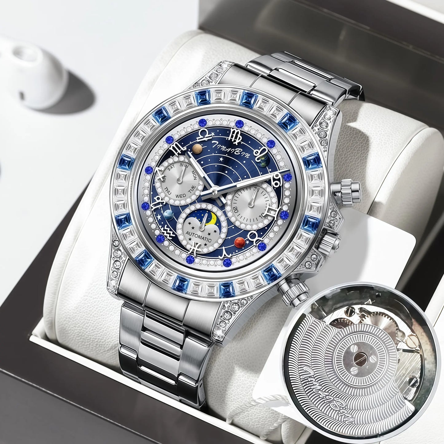 TINAIBIN Automatic Skeleton Men's Watch – Stainless Steel Mechanical Flywheel, Luxury Luminous Waterproof Dress Watch