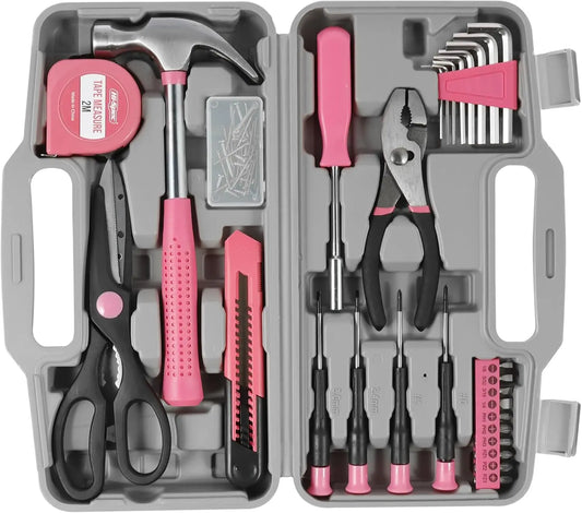 62-Piece General Household Tool Kit – Pink Basic DIY Tool Set with Toolbox Storage Case, for Home, Garage, Office & College Dormitory Use