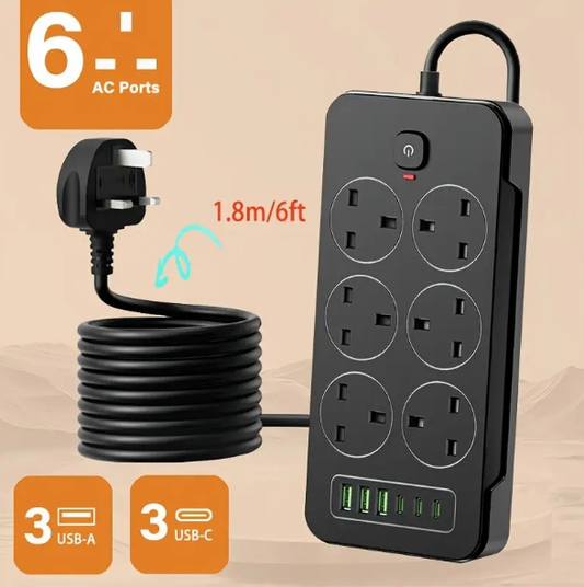 2026 New Black Power Strip, 6 Outlets with 3 USB-A & 3 Type-C Ports, 1.8m Extension Cord, Overload Protection for Home Office