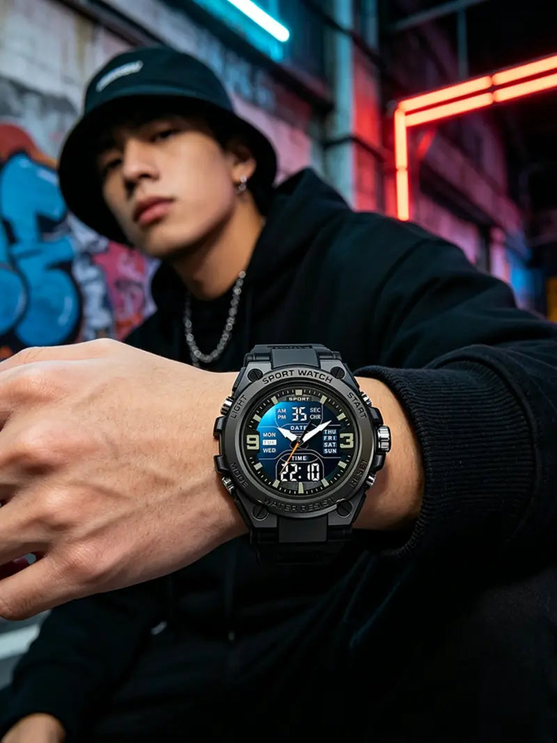 Men's Teenager School Student Trendy Multifunctional Night Light Alarm Waterproof Sports Watch – Round Face, Blue Dial, Sporty Style