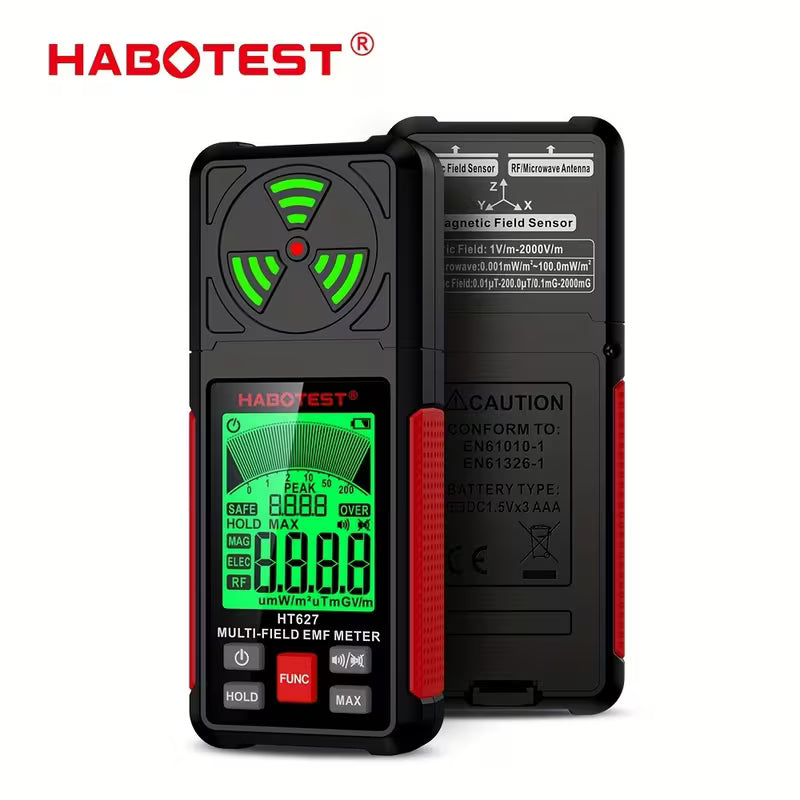 HABOTEST HT627 EMF Meter – 3-in-1 Detector for EF, MF & RF Radiation, for Home & Outdoor Inspections