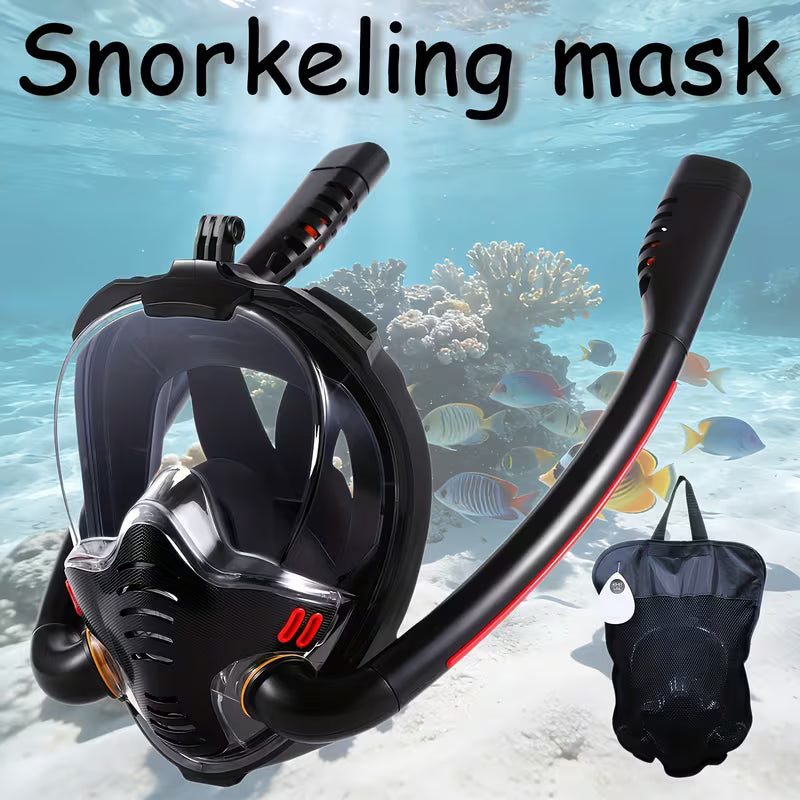 Full Face Snorkeling Mask – 180° Panoramic Dual Tube with Camera Mount for Adults (Camera Not Included)
