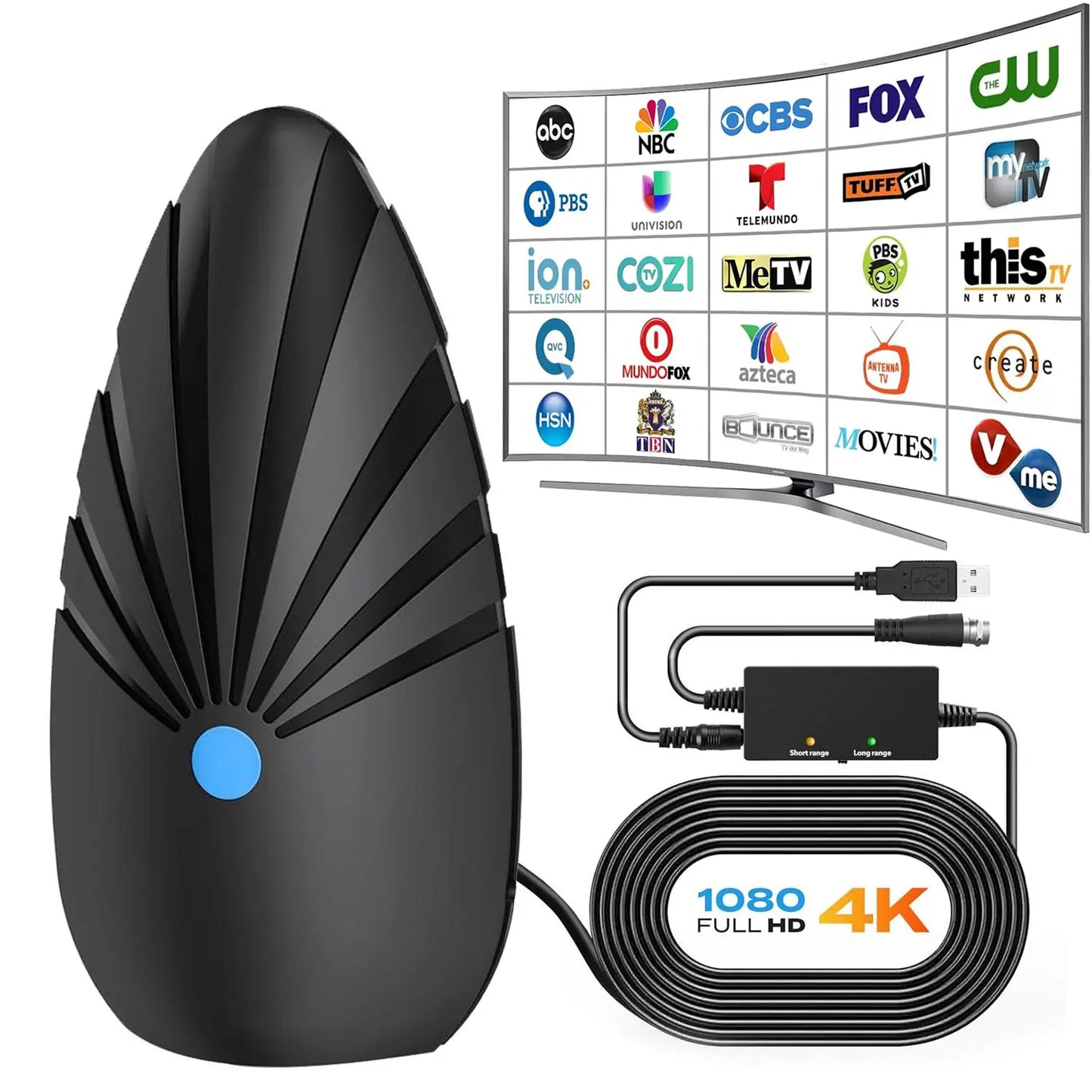 Digital TV Antenna for Indoor - 360° Reception with 5M Cable, Supports 1080P and 4K Smart TVs