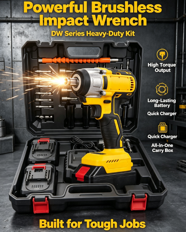 Brushless Impact Wrench – 1/2", 1500FT-LBS, 2 Batteries + Fast Charger for Auto Repair