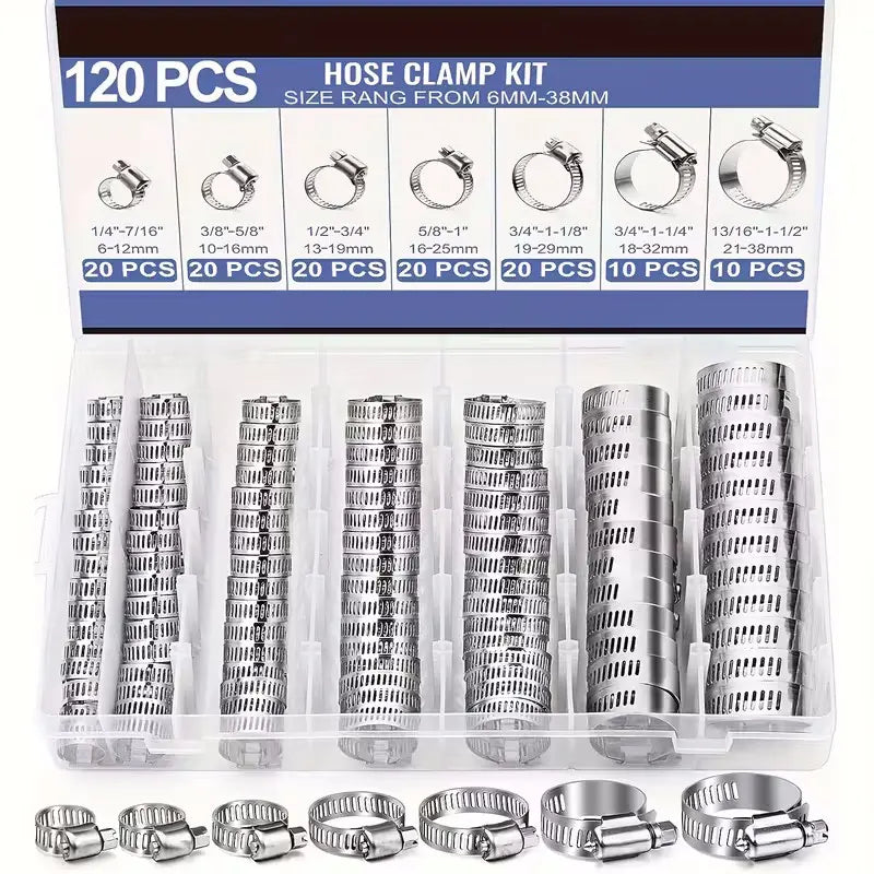 120-Piece Stainless Steel Hose Clamp Kit - 1/4-Inch to 1-1/2-Inch Spiral Gear Metal Rings for Fuel Lines, Pipes, Cars, Machinery and Garden Hoses
