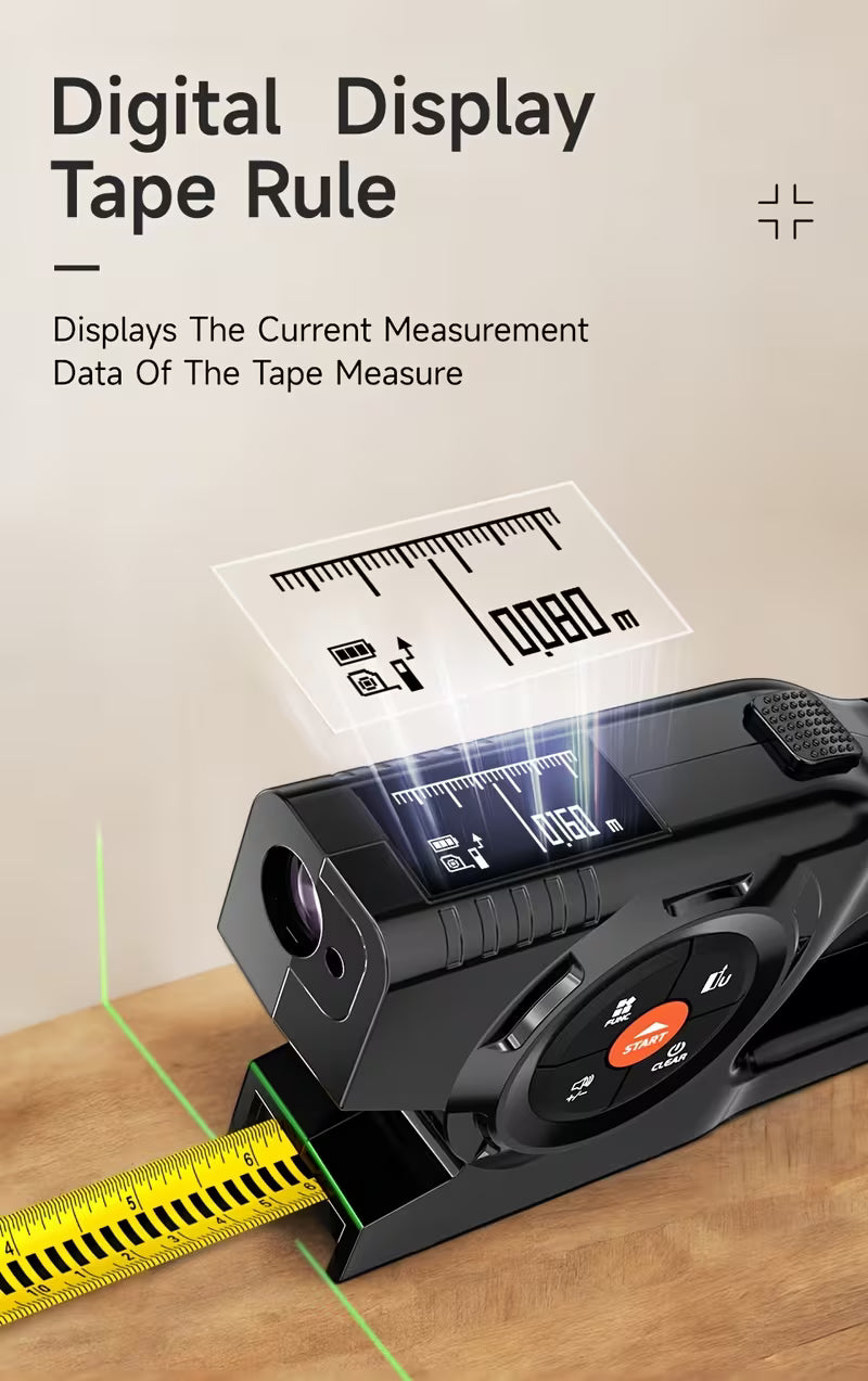 Rechargeable 3-in-1 Tape Measure, Laser Distance Meter & Laser Marker, 120m High-Precision Digital Range Finder, Instant Readout, Extended Laser Line