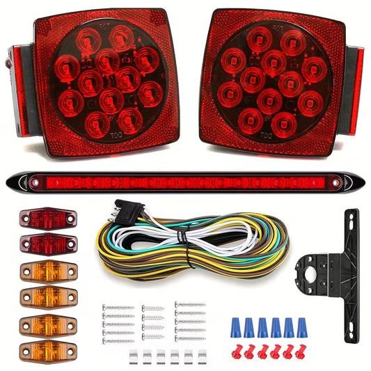 12V LED Trailer Lights – Red/White Square, 6 Connectors, Stop/Tail/Turn Signal for Boat, Truck & RV