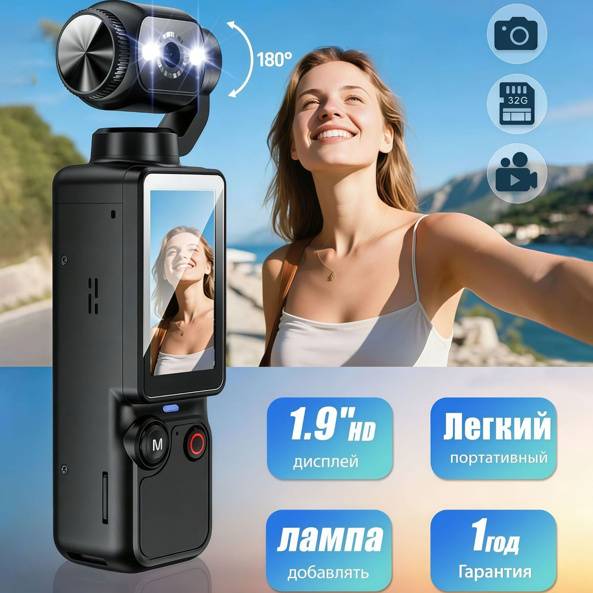 4K HD Pocket Camera, 180° Rotating, 100W Pixel, 2000mAh Battery, 1.9-Inch Screen, Webcam, USB-C Charging, 32G Memory Card, Mini Outdoor Sports Camera for Cycling
