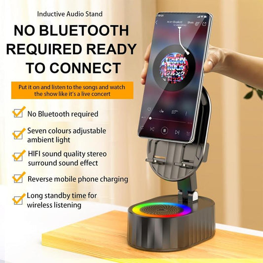 AKLLCCR Wireless Induction Audio Bluetooth Speaker 5in1 Cellphone Holder USB Emergency Rechargeable (3000mAh) Portable Power Mobile Tablet Stand with Colorful Ambient Light Gifts for Friend, Family