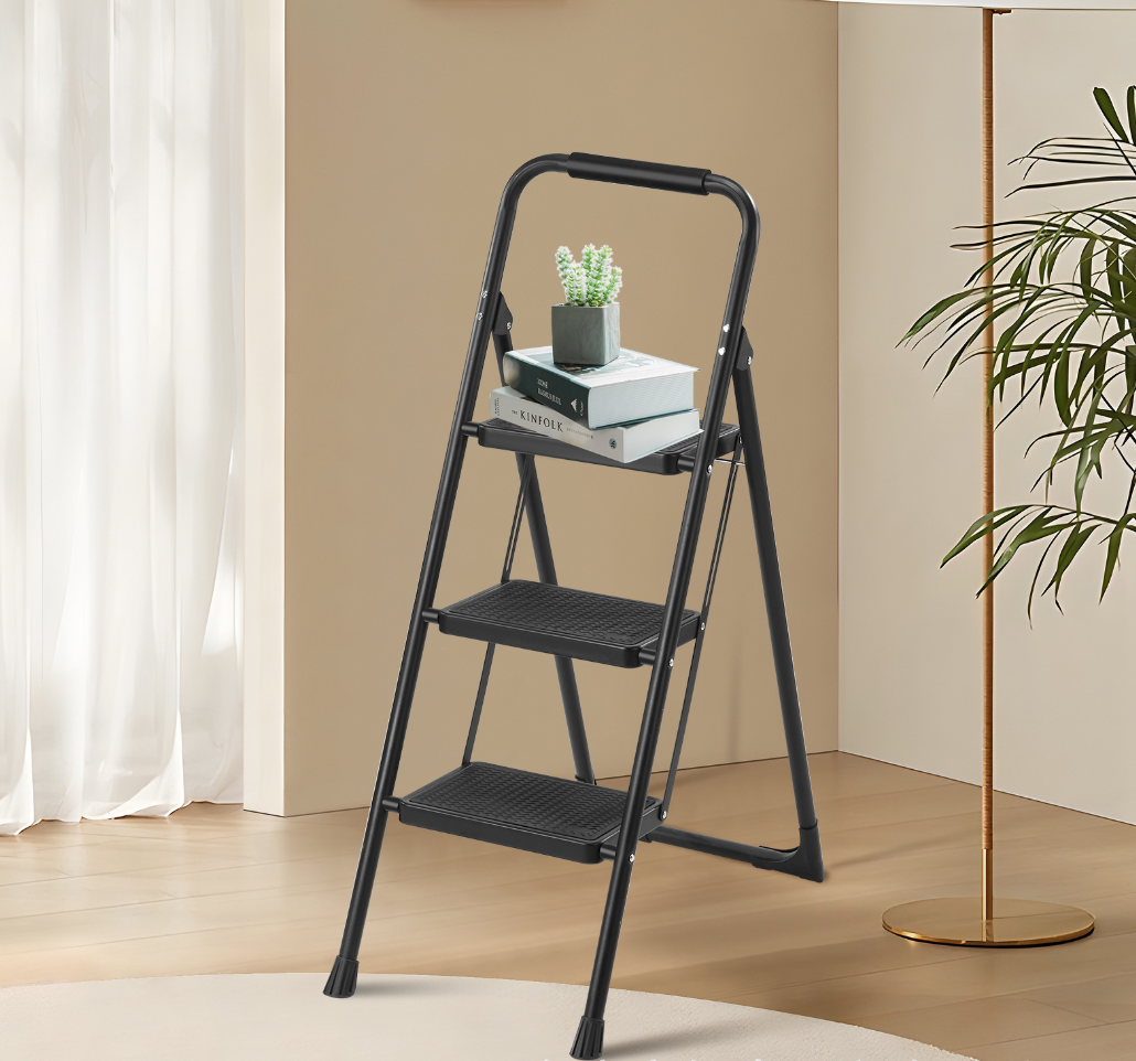 Step Ladder, Foldable Stool with Wide Pedal, Cushioned Handle, 800lbs Capacity for Home Kitchen and Outdoor, Black