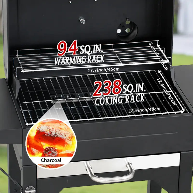 MASTER COOK Charcoal Grill with Two Side Tables, Heavy-duty Steel Barbecue BBQ Grill for Outdoor Picnic Backyard Patio and Parties, Black