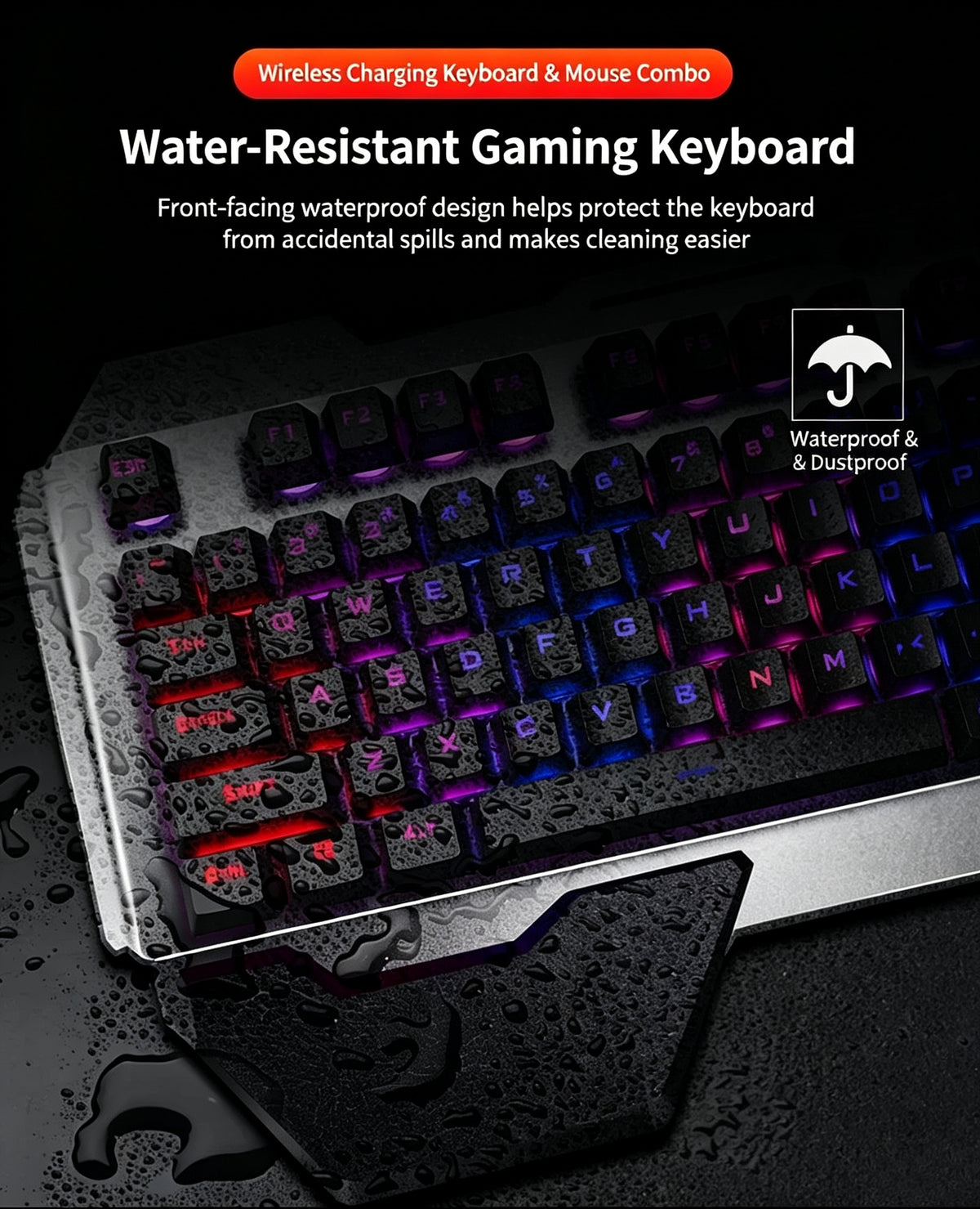 Wireless Gaming Keyboard & Mouse Combo – Rainbow Backlight, Rechargeable Metal Panel, Mechanical Feel, Adjustable Multi-DPI, Large Capacity Battery, Designed for Gamers with Laptops & PC