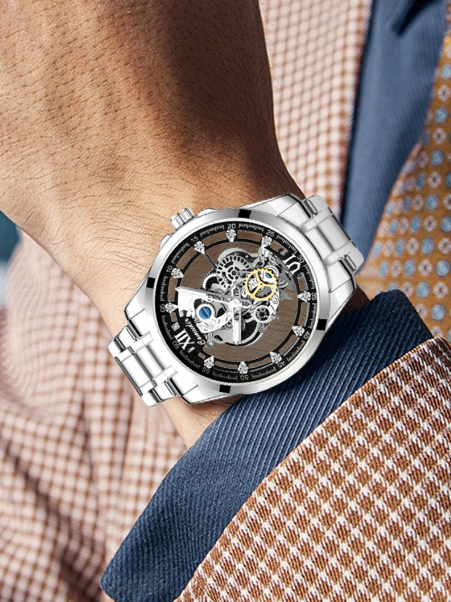 ⌚ Cash on Delivery ✨ BINBANG Men's Silver Color Steel Strap Dual-Sided Transparent Quartz Watch – Alloy Case, Analog Round Face – Luxury Trendy Sporty Casual Business Timepiece – Free Shipping