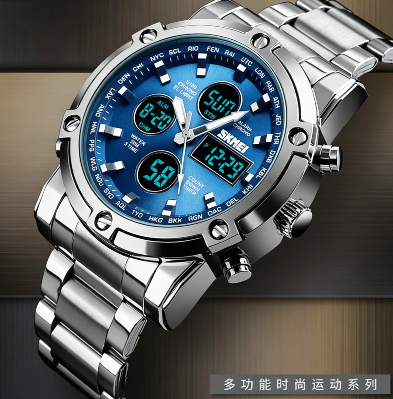 2026 New Skmei Men Multi-function Digital Watch, Stainless Steel Strap, Dual Movement, Large Dial, Waterproof Wrist Watch for Men, Cash On Delivery, Free Shipping