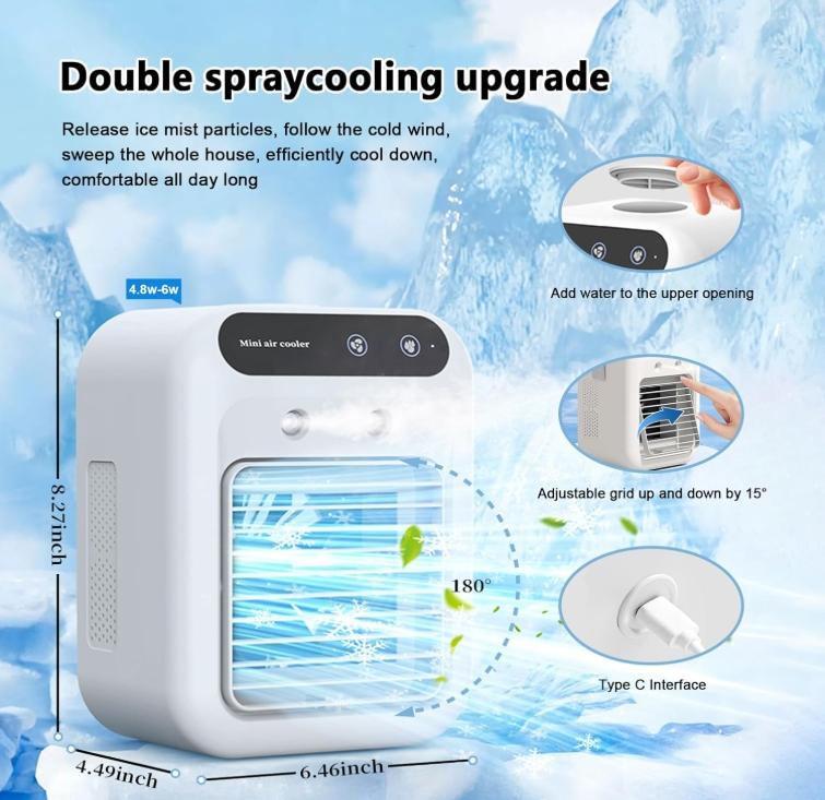 Portable Air Conditioning Fan USB Rechargeable 2 Speed Mini Quiet Air Conditioner with Touch Control & Mist Spray Desktop Cooling Fan for Room, Office, Dorm, or Home Use, 3 Second Cooling makeup cold humidifier - White