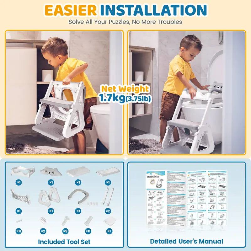 2-IN-1 Potty Training Toilet Seat with Step Stool for Toddler, Stability Training Potty Seat for Kids Boys Girls with Splash Guard and Anti-Slip Pad, Adjustable Ladder & Potty Seat Height, Grey