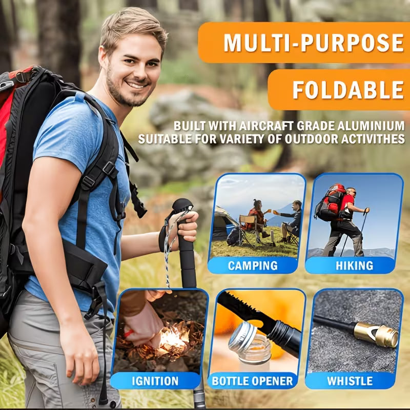 Multifunctional Trekking Pole, Lightweight 5‑Section Telescopic Folding Aluminum Alloy Hiking Stick with Multi‑Tool Accessories, for Backpacking, Camping, Wilderness Survival, Mountaineering & Long‑Distance Hiking