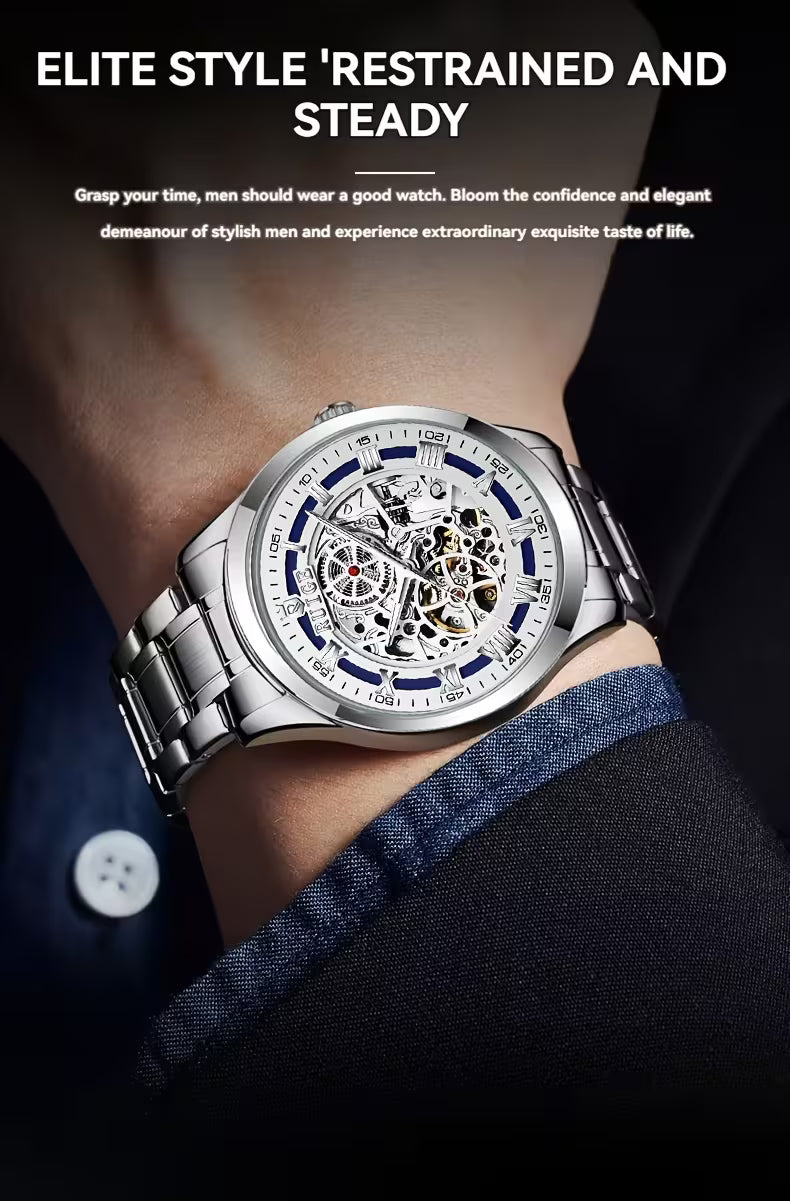 RUIGE Double-Skeleton Automatic Mechanical Watch – Dual-Side Exhibition Case, Stainless Steel Bracelet, Luminous Dial, 30M Waterproof for Business & Casual Wear