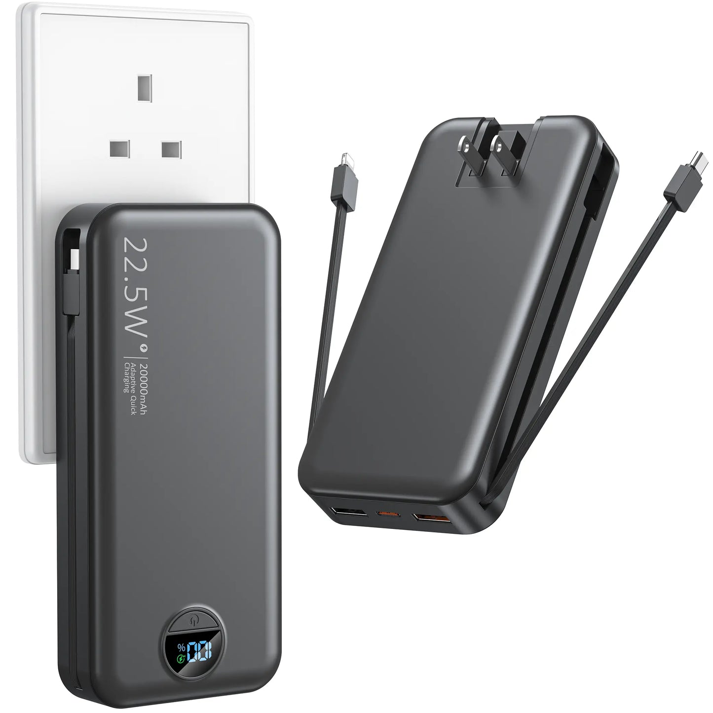 Summerwins 20000mAh Portable Power Bank - Compact, 22.5W Max Fast Charging, Built-in Wall Charger, Foldable AC Plug, Built-in Cable for iPhone 15 Series, Galaxy, USB-C Android Smartphones, Devices, Travel Use