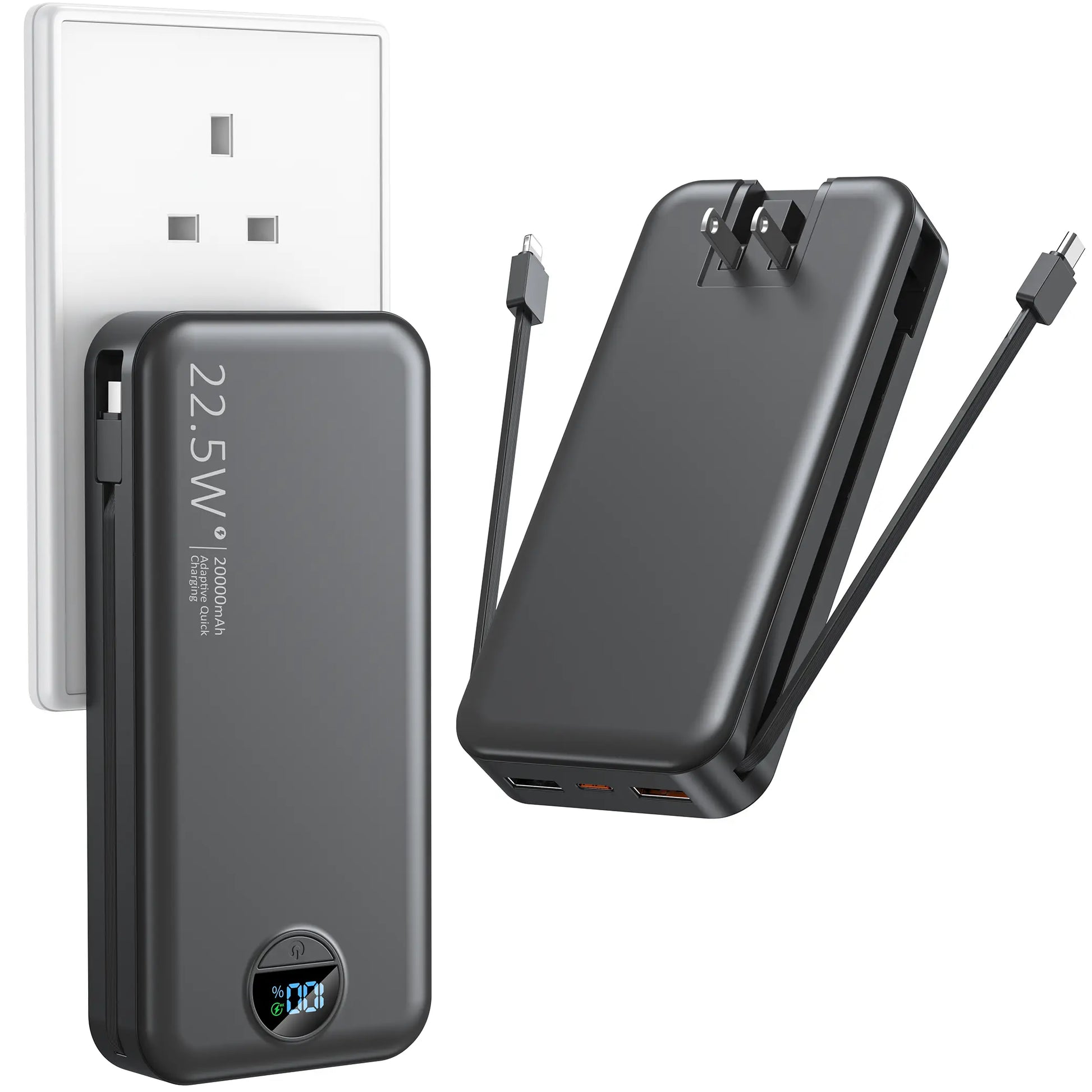 Summerwins 20000mAh Portable Power Bank - Compact, 22.5W Max Fast Charging, Built-in Wall Charger, Foldable AC Plug, Built-in Cable for iPhone 15 Series, Galaxy, USB-C Android Smartphones, Devices, Travel Use