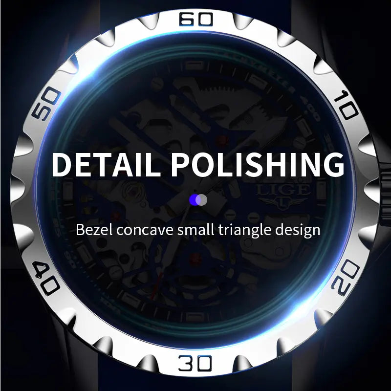 LIGE Men's Skeleton Mechanical Watch, 43mm Casual Wristwatch with Stainless Steel Case and Silicone Strap, Luminous Dial, 30m Water Resistant, Mechanical Style Watches image 7