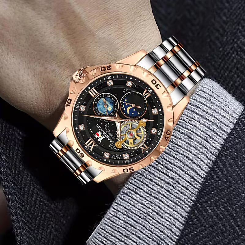 AOKULASIC Men Tourbillon Skeleton Automatic Mechanical Watch, Diamond Starry Luminous Dial, Moon Phase Function, Large Dial Waterproof Wristwatch，Business Casual Men Watch, Christmas New Year Thanksgiving Birthday Gift for Men