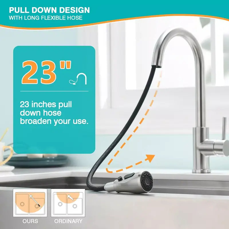 Brushed Nickel Kitchen Faucet with Pull Down Sprayer, High Arc Single Hole Kitchen Sink Faucet with Sprayer, Commercial Modern Pull Out Stainless Steel Kitchen Faucet