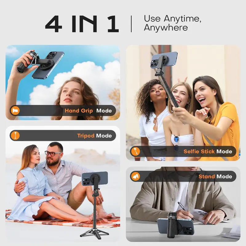 2025 New 4-in-1 Multifunctional Magnetic Selfie Stick 360° Rotation Compact Stylish with Wireless Bluetooth Control Magnetic Phone Holder for Selfies Video Recording Vlogging Compatible with Most Phone Modes Tripod Stabilizer ，Max extend to 14.96 inches
