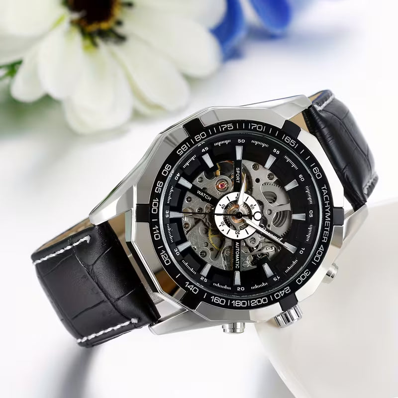 T‑WINNER 8042 Men's Waterproof Mechanical Watch – Skeleton Automatic Movement, Stainless Steel Bracelet with Date Window, 50m Water Resistance – Mechanical Art for Business & Casual Wear