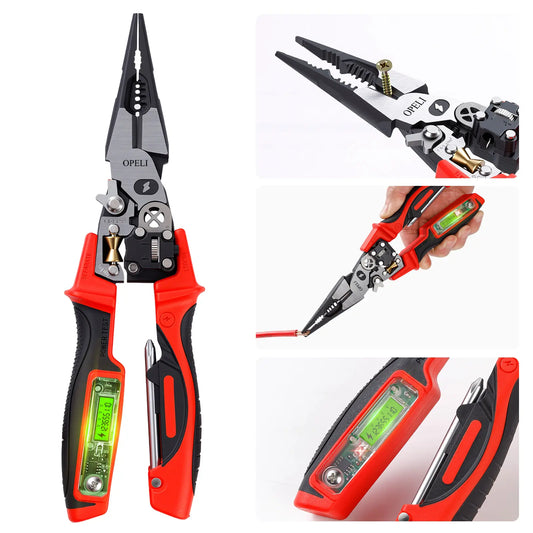 OPELI 8-in-1 Multi-Function Wire Stripper Pliers Diagonal Cutters for Nails Electrical Cables Special Tools with number display Voltage Tester&Alarms, Detectable12-250V, Heavy-Duty Electrical Pliers&Wire Cutters-for Professionaland Home Use