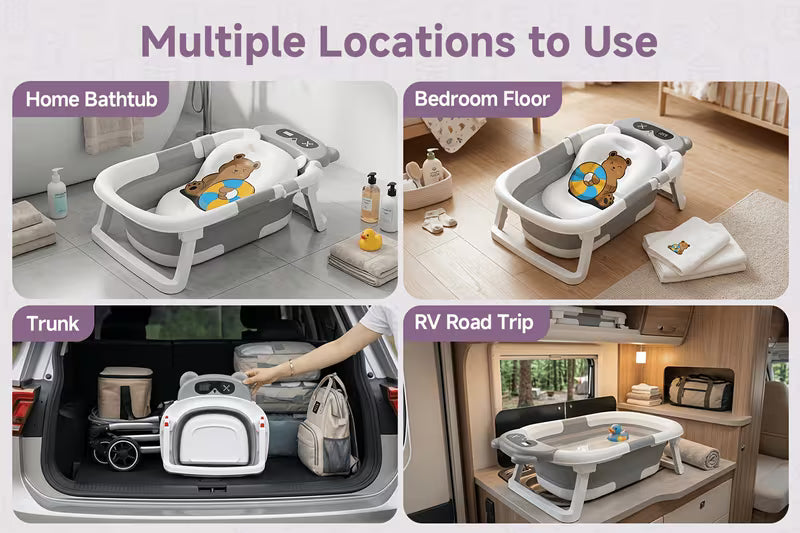 3‑Fold Smart Temperature‑Sensing Baby Bathtub, Home Use Newborn Bath Tub, Sit & Lie Supported, Collapsible Infant Shower Tub for Baby Bathing