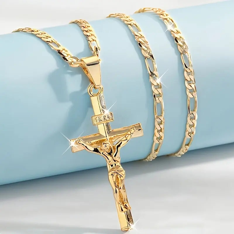 Men's Vintage 14K plated Jesus Cross Pendant Necklace With Smooth Chain Religious Jewelry For All Year Round Easter Graduation Gift