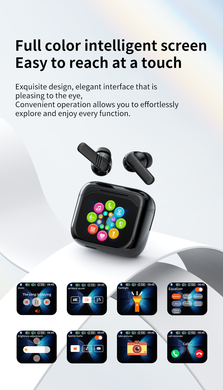 Bluetooth  Earphones LED Display High Fidelity Waterproof Wireless Earphones | Suitable for Office, Sports, Study and Audio Calls | Built-in Microphone | Earphones Dual-ear noise reduction Touchscreen color display