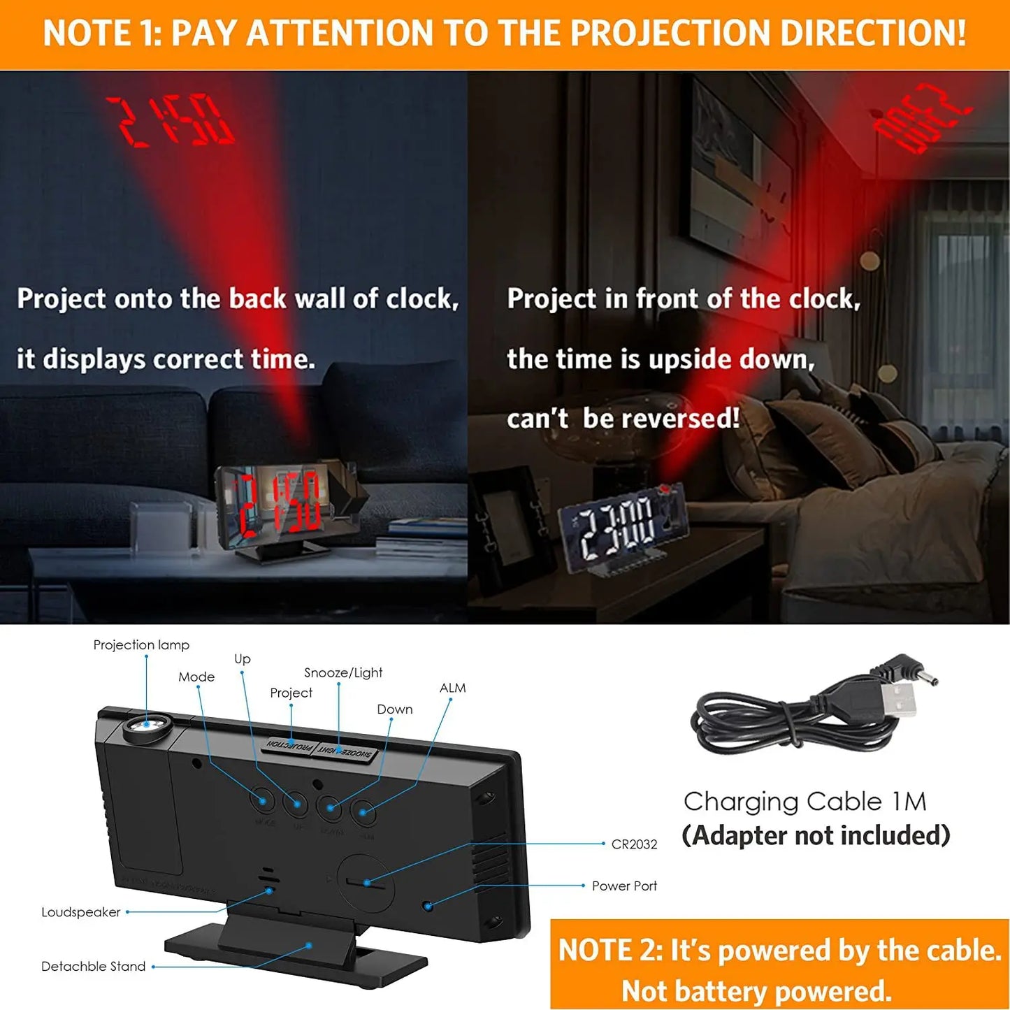 LED Digital Projection Alarm Clock 7.8" Large Display 180° Rotatable Projector Date Week Display Adjustable Brightness Sleep Mode Voice Control 12/24H Time Format image 2