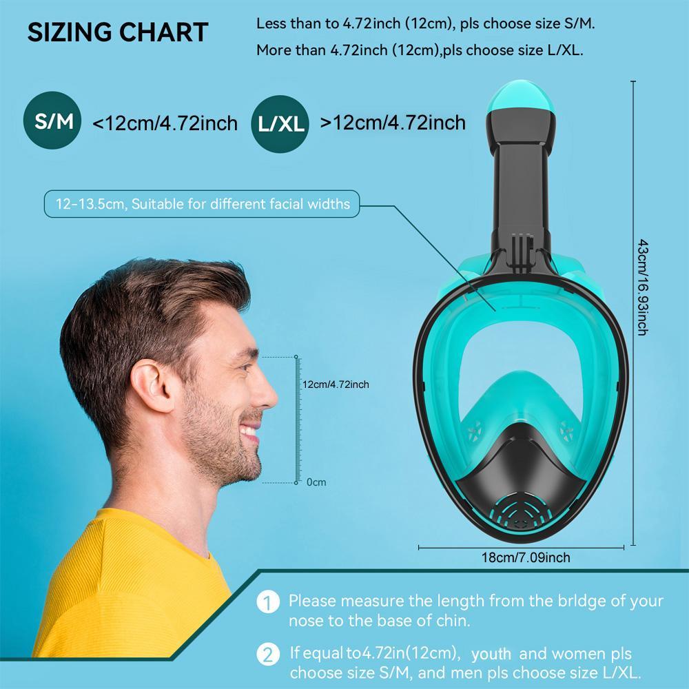 Full-Face Diving Mask, Anti-Fog & Anti-Leak Mask with Breathing Tube & Camera Mount, Water Sports Gear, Snorkeling Gear for Diving and Swimming Only adult size L/XL, suitable for head circumference over 12cm
