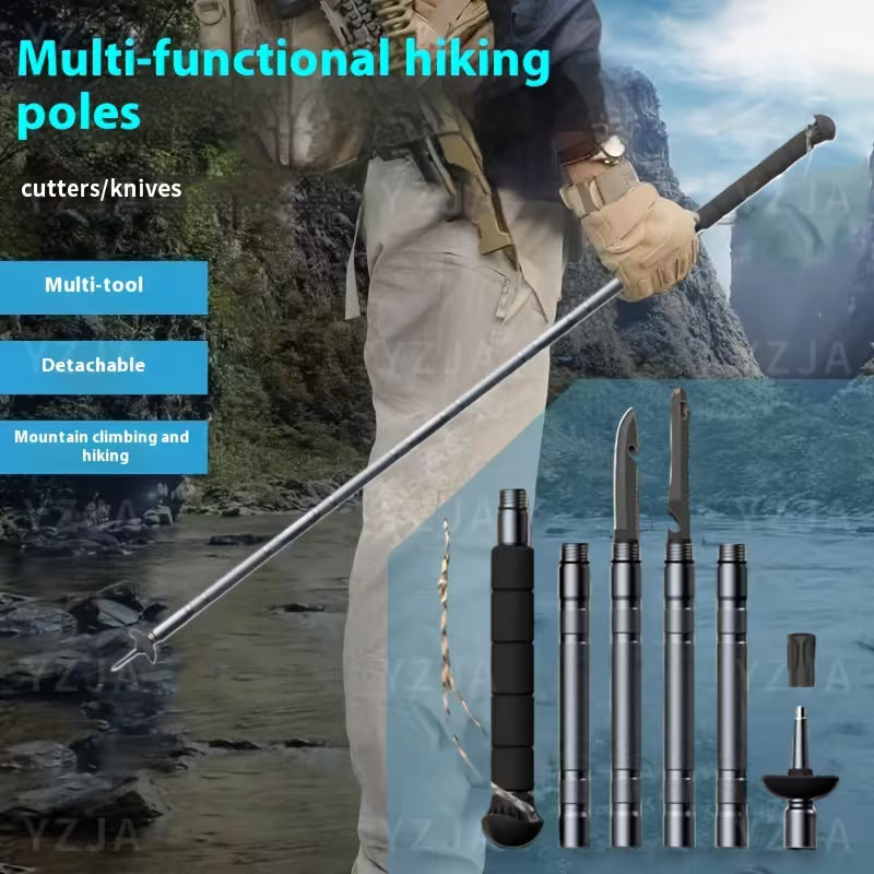 Multifunctional Trekking Pole, Lightweight 5‑Section Telescopic Folding Aluminum Alloy Hiking Stick with Multi‑Tool Accessories, for Backpacking, Camping, Wilderness Survival, Mountaineering & Long‑Distance Hiking