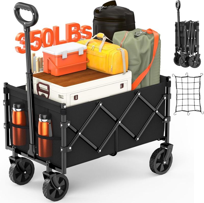 2025 Foldable Wagon with Wheels, Portable Heavy Duty Collapsible Beach Cart - Large Capacity Utility Wagon for Shopping, Sports, Camping，Garden，Grocery - Black