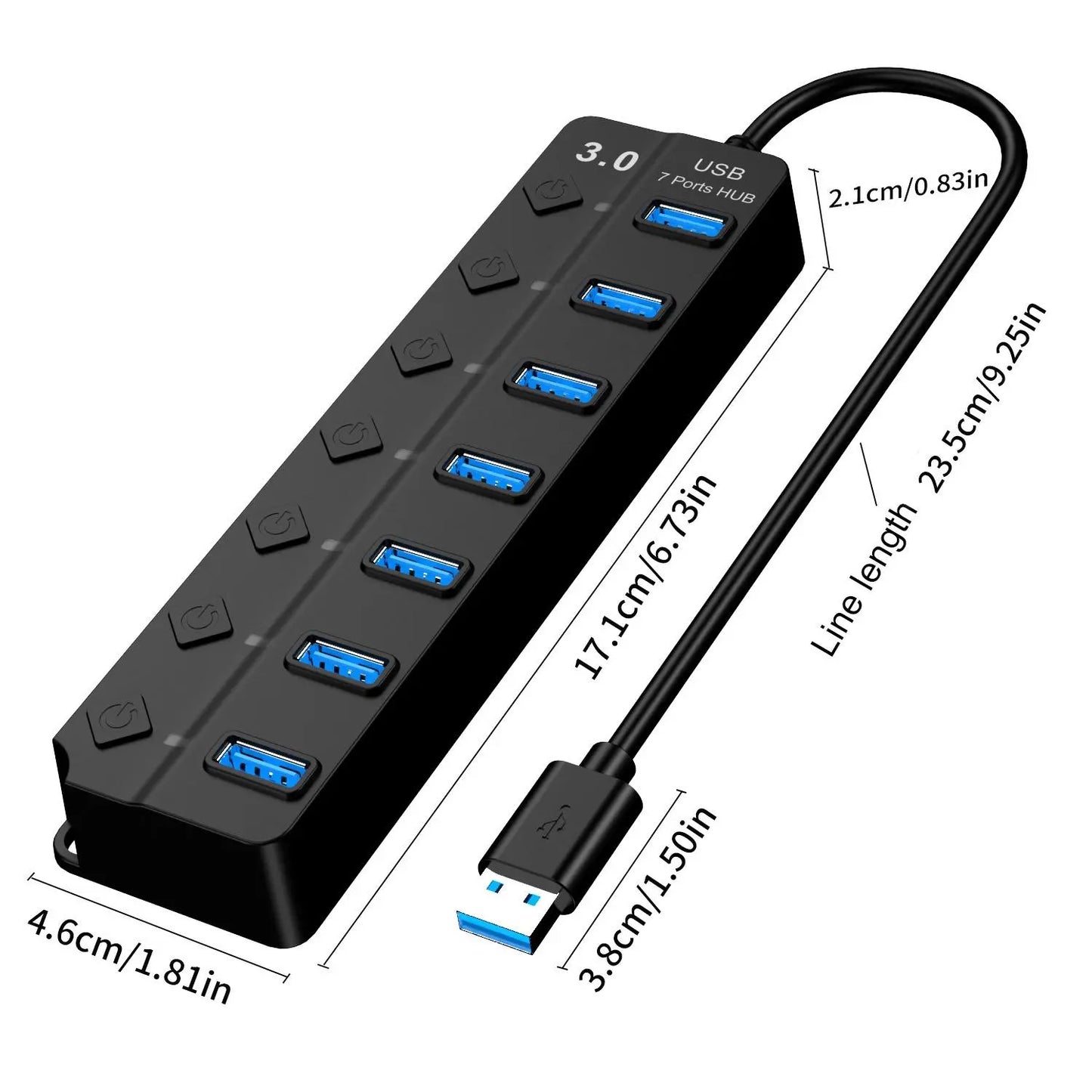 7-Port USB Hub - Multifunctional USB Splitter with Independent Switches, Universal USB Extender Adapter for Laptops and Multiple Devices