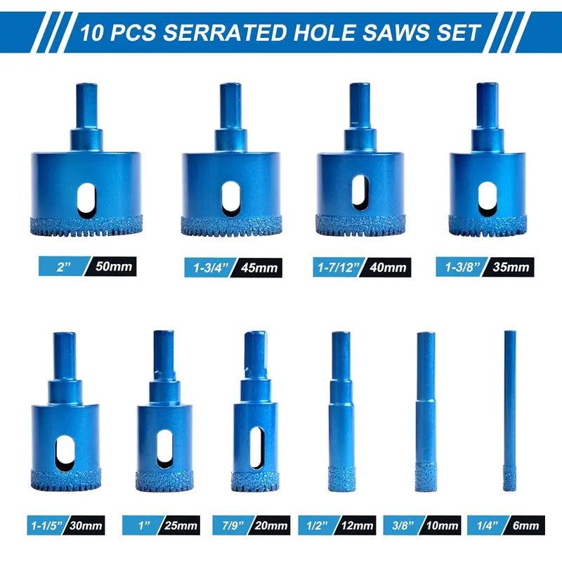 10-Piece Brazed Diamond Hole Saw Kit - Serrated Tile Core Drill Bits with EVA Mold and Hard Storage Bag for Dry Cutting