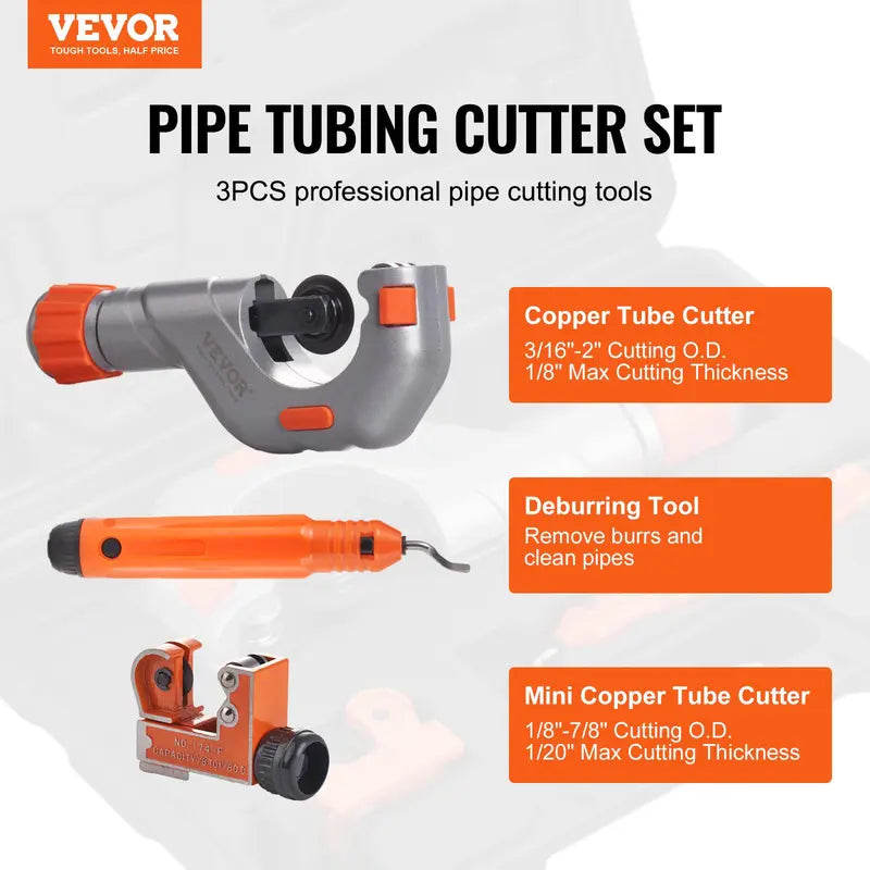 VEVOR 3-Piece Tubing Cutter Set - Heavy Duty Pipe Cutter 3/16"-2" OD, Mini Cutter 1/8"-7/8", Deburring Tool for Stainless Steel, Copper, Aluminum and Plastic