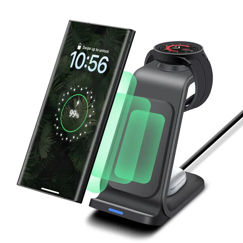 3-in-1 Wireless Charging Stand – 15W Fast Charging Dock for Samsung Galaxy Phones, Watches & Buds, Compatible with Z Fold/Flip, S Series, Watch 7/6/5/Pro, and More
